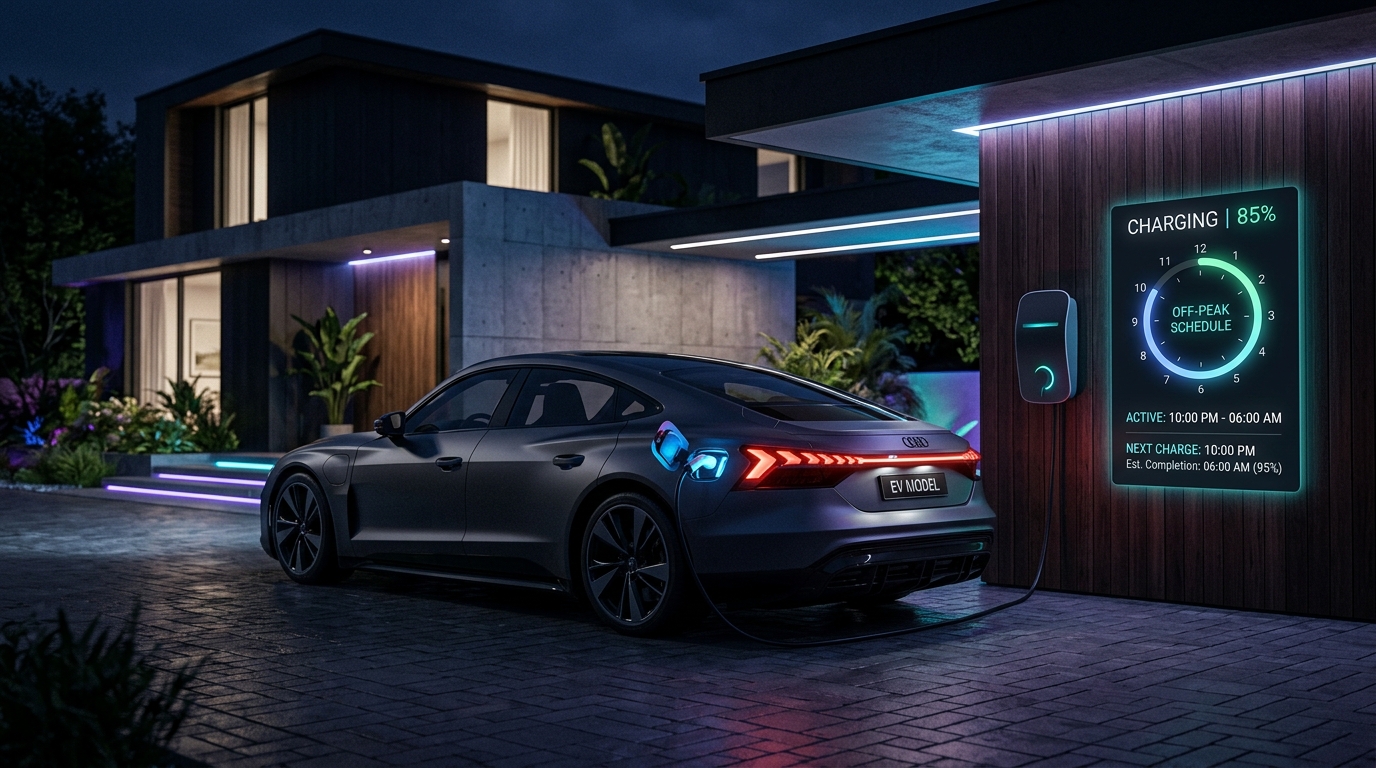 An electric vehicle parked and charging at a home charger during the night, showing a smart scheduling overlay indicating off-peak hours. (AI-generated image)