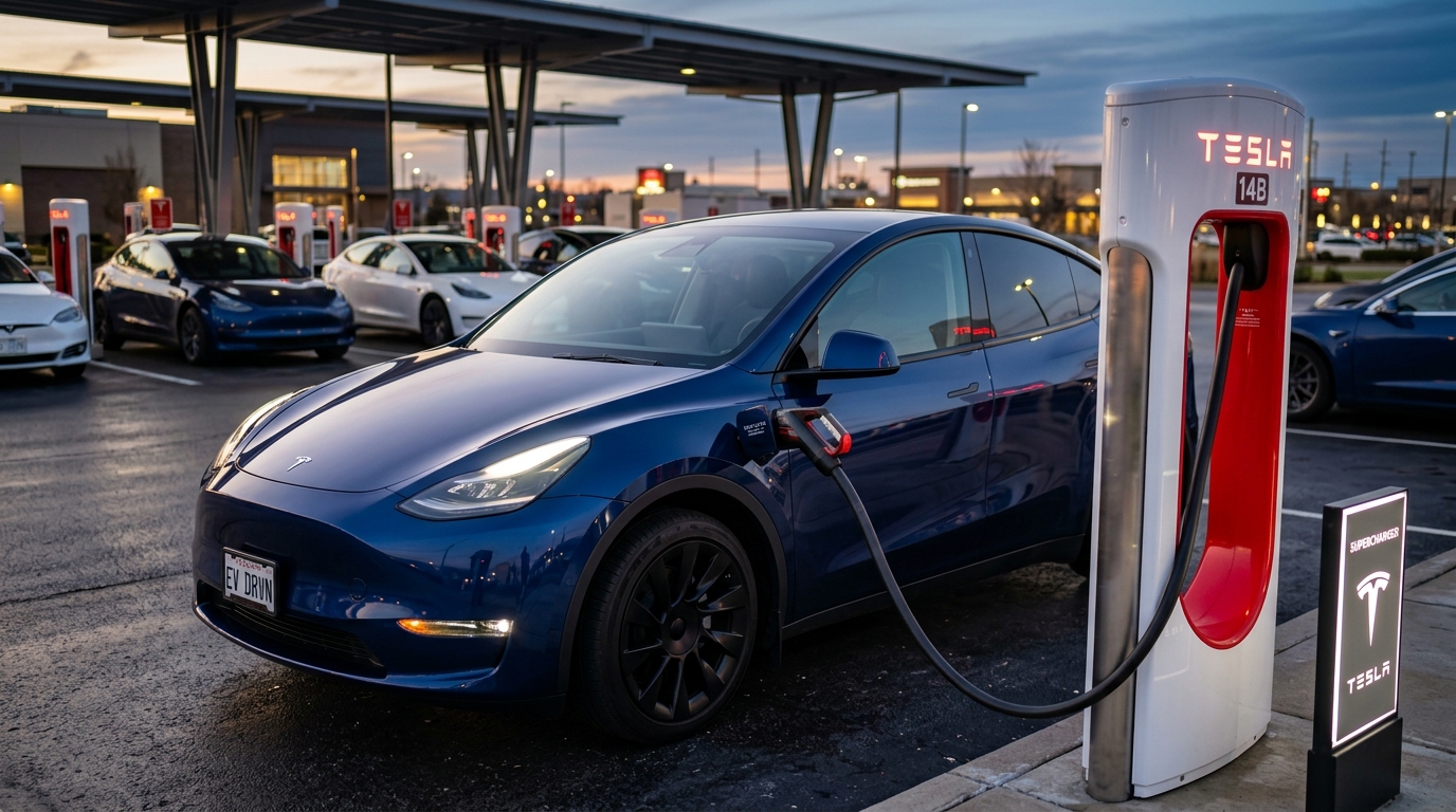 A sleek modern blue electric vehicle charging at a red and white Tesla Supercharger station using a NACS to CCS adapter. (AI-generated image)