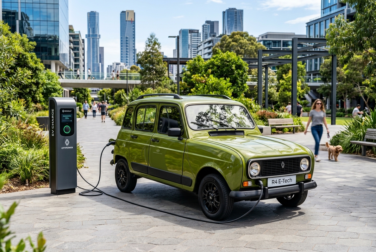 Renault 4 E-Tech electric crossover parked in a city park charging. (AI-generated image)