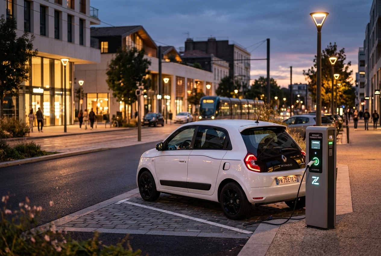 Renault Twingo E-Tech hatchback charging at a public AC station at night. (AI-generated image)