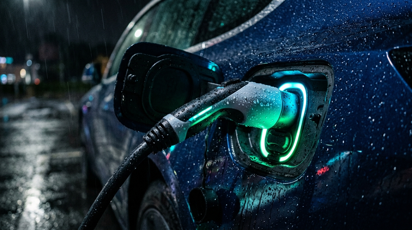 A close-up photograph of an electric vehicle's charging port in the rain. Drops of water are visible on the car body and the charging connector plugged into the port, illuminated by soft glowing cyan and green LED lights from the charger. (AI-generated image)