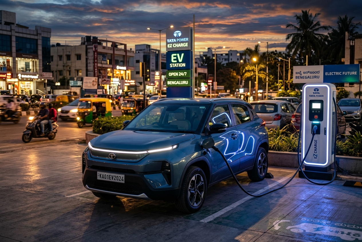 Tata Sierra EV electric SUV parked at a TATA Power EZ Charge station in Bengaluru. (Image generated using AI for evchargetimecalculator.com)