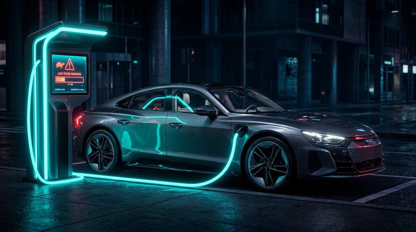 A modern dark grey electric sedan parked at a glowing neon-cyan charging station at night. (AI-generated image)